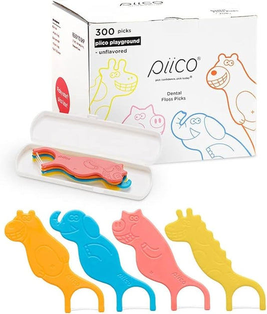 Piico Unflavored Kids Floss - No Fluoride Dual Line Dental Floss Picks - Fun Oral Care in Colorful Floss Sticks Design - Flossers Prevent Tooth Decay & Gum Disease - 300 Playground Zoo & Travel Case