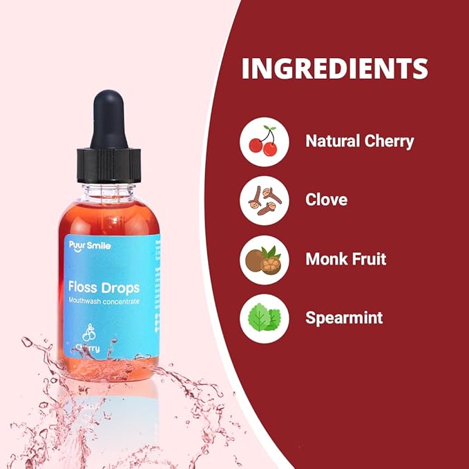 Concentrated Floss Drop Serum – 2oz Concentrated Mouth Wash to Use in Water Flosser | Natural Essentials Promotes Good Breath | Organic Drop Provides Good Oral Health (Cherry Flavor)