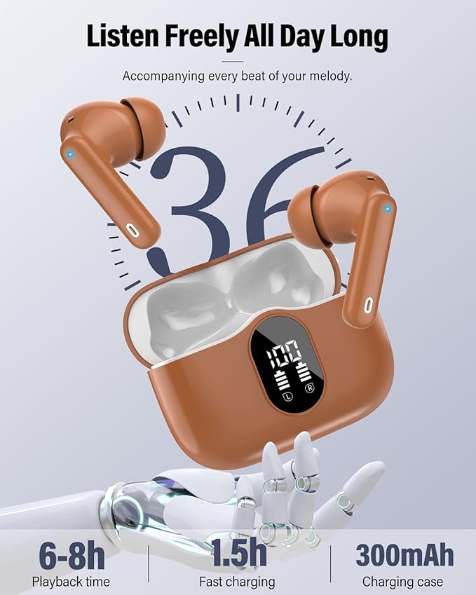 Wireless Earbuds, Bluetooth 5.4 Headphones Bass Stereo, Ear Buds with Noise Cancelling Mic, IP7 Waterproof in Ear Earphones, 36H LED Display Bluetooth Earbuds for Laptop Pad Phones Sports, Brown-StrideForce Fitness