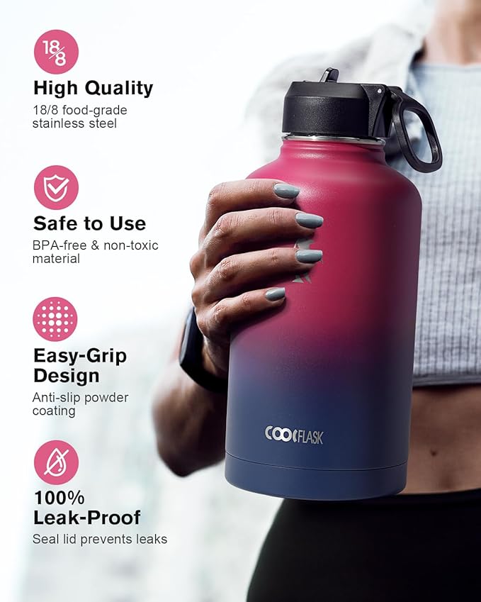 Half Gallon Water Bottle Insulated with Straw & 3 Lids, Coolflask 64 oz Water Jug Large Metal Stainless Steel Wide Mouth for Sports, Gym or Office, Non-BPA Keep Cold 48H Hot 24H, Ombre Wine/Navy-StrideForce Fitness