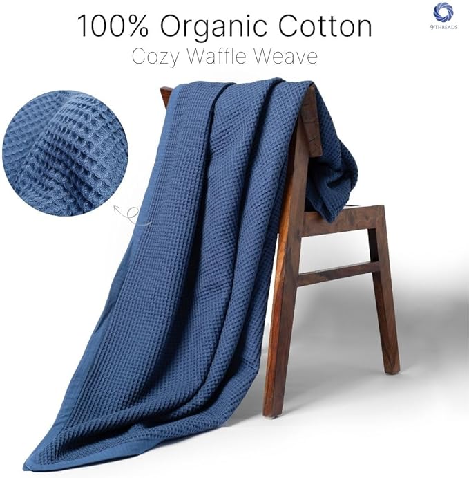 GOTS Certified Organic Cotton Waffle Weave Blanket, King Bed Size,108"X90" Cozy Throw Blanket for Couch, Modern Home Decor, Throw Blankets,Comfy Waffle Blanket Soft Bed Blankets-Navy Blue-StrideForce Fitness