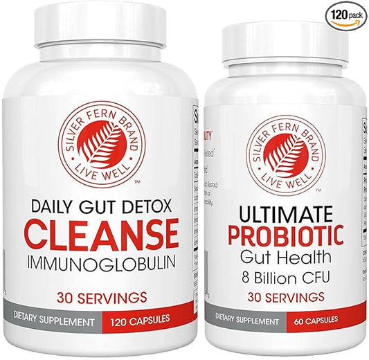 Silver Fern Gut Rehab Kit - 30 Day Supply - Cleanse Daily (1 Bottle = 120 Capsules) & Ultimate Probiotic (1 Bottle = 60 Capsules) - Immunoglobulins & Spore Forming Probiotics-StrideForce Fitness