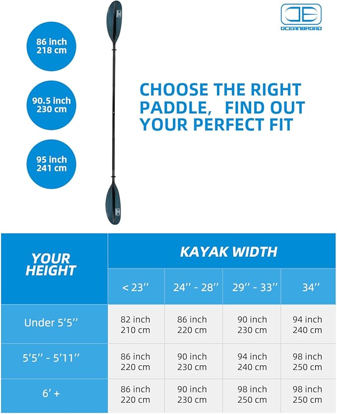 OCEANBROAD Kayak Paddle 86in/218cm, 90.5in/230cm, 95in/241cm Alloy Shaft Kayaking Boating Canoeing Oar with Paddle Leash-StrideForce Fitness