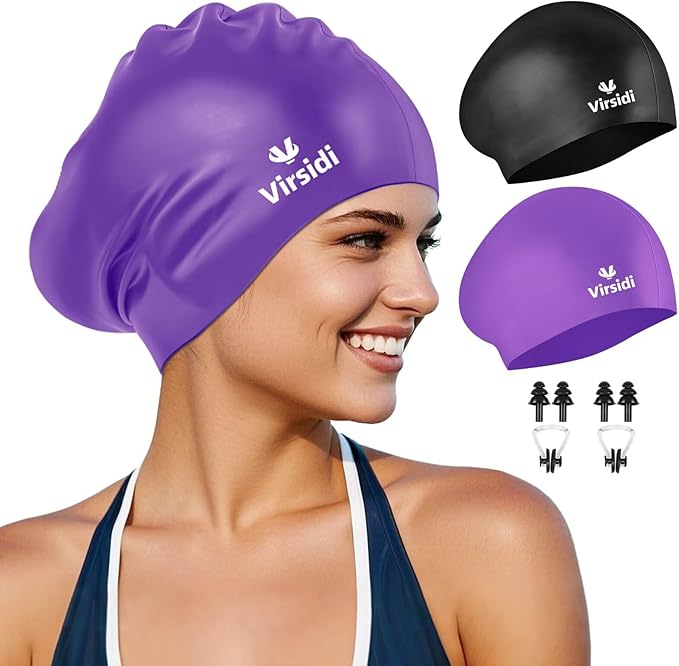 2 Pack Swim Cap for Women Men Adult, Silicone Swimming Caps for Short Long Hair, Waterproof Swim Hats Bathing Caps to Keep Hair Dry with Nose Clip and Earplugs-StrideForce Fitness