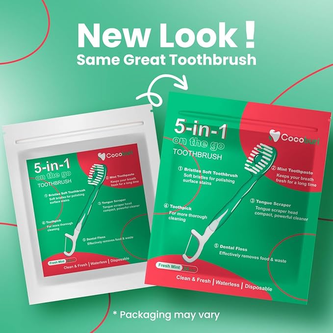 5 in 1 Disposable mini Toothbrushes on The go Toothbrush Portable Travel Toothbrush（Toothpaste + Tongue Scraper + Floss + Picks Individually Wrapped Prepasted Oral Care Mint 24 Packs