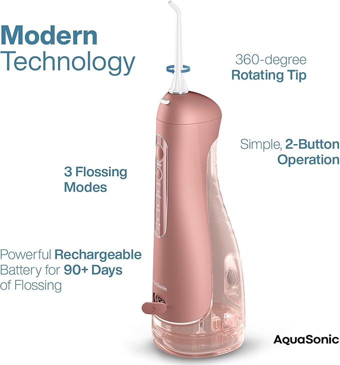 AquaSonic Aqua Flosser PRO - Rechargeable Cordless Water Flosser for Teeth, Gums & Tongue - Modern Design, 300ml Large Tank, 6 Jet Tips with Deluxe Tongue Nozzle, 3 Modes, Waterproof Rose Gold