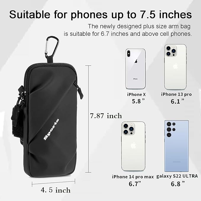Phone Holder Arm Bands, Small Crossbody Shoulder Holsters Bag with Arm Band, Fits iPhone and All Cell Phones, Use for Running, Walking, Hiking & Biking (Plus Size,Black)-StrideForce Fitness