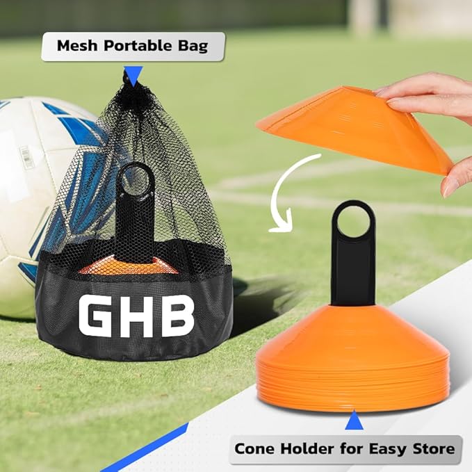 GHB Soccer Cones 25/50/100 Pack Disc Soccer Sport Cones Training Field Marker Agility Cones for Traffic, Basketball, Coaching, Practice Equipment Includes Cone Drills Guide-StrideForce Fitness