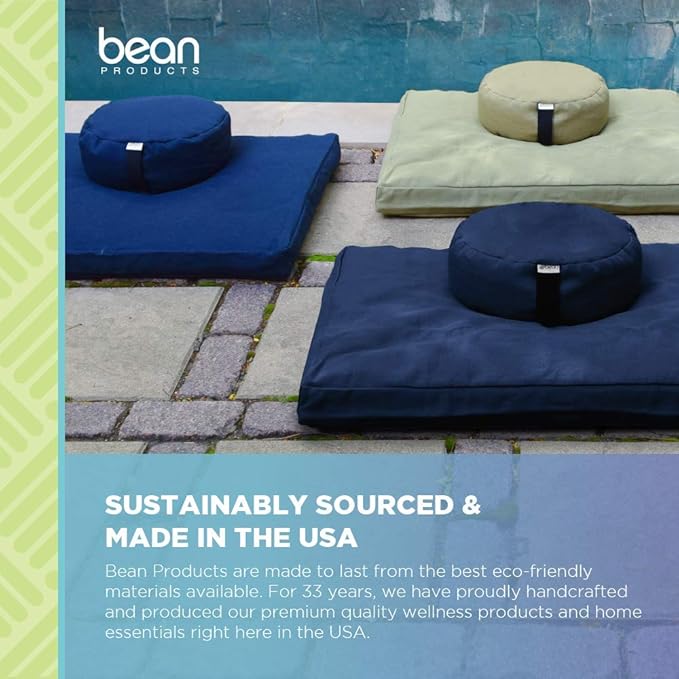 Bean Products Meditation Cushion Mat Set - Zafu Floor Pillow Organic Buckwheat Pillow + Cotton Filled Zabuton Prayer Pad - Meditation Pillow Yoga Knee Pad - Made in USA - 14" Round or 18" Oval