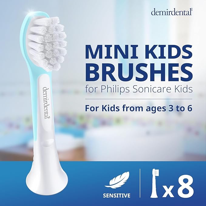 demirdental Kids mini Toothbrush Heads Compatible with Philips Sonicare Kids Toothbrush Heads - Replacement Heads mini Sensitive - Brush Heads from Ages 3 to 6 - Turquoise - Replaces HX6038-8 Pack
