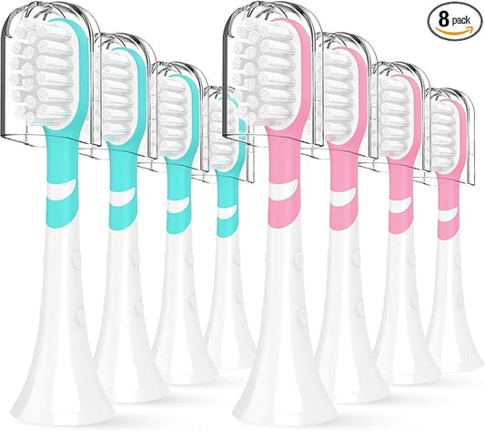 Kids Toothbrush Heads Compatible with Electric Philips Sonicare Handle 6032/94 6321 6340 6042 6320 6330, Replacement Heads Compact for Child 3-7 Years Old, Mini Brush Heads with Caps,8 Pack Green&Pink