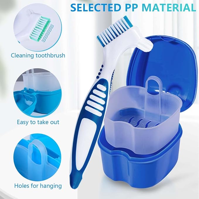 Blue Denture Bath Case Cup Box Holder Storage Container with Denture Cleaner Brush Strainer Basket for Travel Cleaning