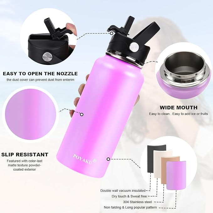 Water Bottle Insulated 32oz 40oz 64oz 128oz Straw Lid Spout Lid & 3 Lids, Leak Proof, Vacuum Insulated,Stainless Steel Water Bottle Wide Mouth for Sports, Gym or Office-StrideForce Fitness
