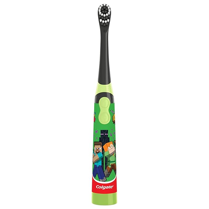 Colgate Kids Battery Powered Minecraft Toothbrush, Extra Soft Kids Battery Toothbrush with 1 AA Battery Included, Made for Ages 3 and Up, Features Easy On and Off Switch, Flat Lay Handle, 1 Count