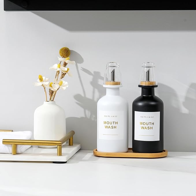 11.8OZ Mouthwash Dispenser for Bathroom with Bamboo & Stainless Steel Pour Spout, Mouthwash Cups Reusable, Bamboo Tray, and Elegant Gold Label. Set of 2（Black/White