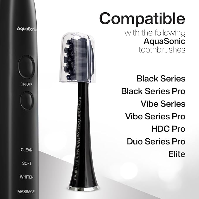 AquaSonic Genuine 2-Pack Activated Charcoal Brush Heads - Ultra Whitening Brush Heads - 2X Whitening & Stain Remover - for Black Series & Pro, Vibe Series, Duo Pro Series (Black)