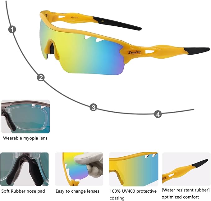 BangLong Polarized Sports Sunglasses Cycling Sun Glasses for Men Women with 5 Interchangeable Lenes for Running Baseball Golf-StrideForce Fitness