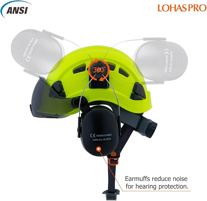 LOHASPRO Arborist Forestry Helmet Safety Hard Hat with Visor and Ear Muffs for Tree Service Logging Cutting Wood Chainsaw Helmet Garden Work Trimming Mowing(P91 Lime+Smoked Visor+Earmuff)-StrideForce Fitness