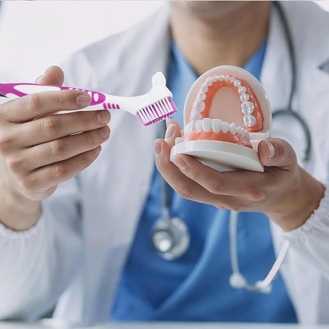 4 Pcs Denture Brush, Portable Denture Toothbrushes with White Carrying Case, Dual Angled False Teeth Care Cleaning Brush with Multi-Layered Soft Bristles (Purple, Green, Blue, Orange)