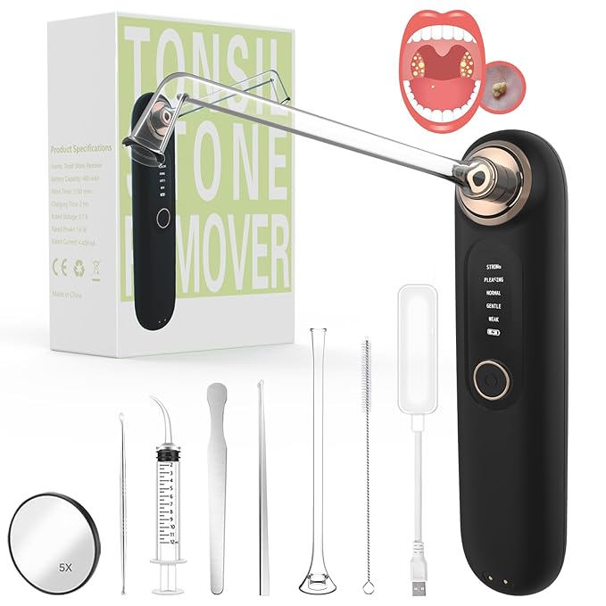 Voraiya Tonsil Stone Removal Vacuum Kit with 5 Mode Suction, 10 in 1 Electronic, Oral Irrigator, Tongue Scraper, Oral lamp & 5X Magnifying Mirror Included for Fresh Breath