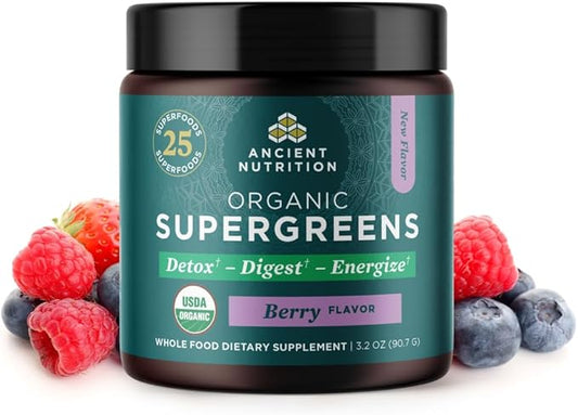 Ancient Nutrition SuperGreens Powder with Probiotics, Organic Berry Flavor Greens, Made from Real Fruits, Vegetables and Herbs, Digestive and Energy Support, 12 Servings, 3.2oz-StrideForce Fitness