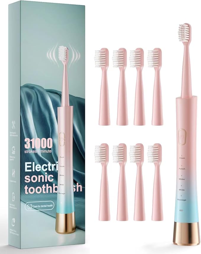 Pink & Blue Gradient Rechargeable Sonic Electric Toothbrush for Adults, 5 Modes with Smart Timer, 8 Replacement Brush Heads Soft Bristles, High Vibration, Perfect for Home, Travel, Gift