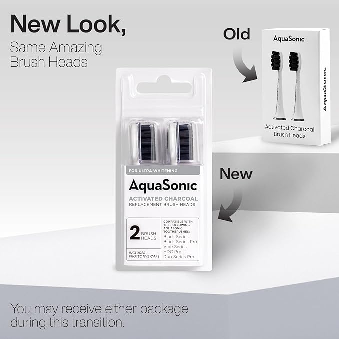 AquaSonic Genuine 2-Pack Activated Charcoal Brush Heads - Ultra Whitening Brush Heads - 2X Whitening & Stain Remover - for Black Series, Black Series Pro, Vibe Series, Duo Pro Series (White)
