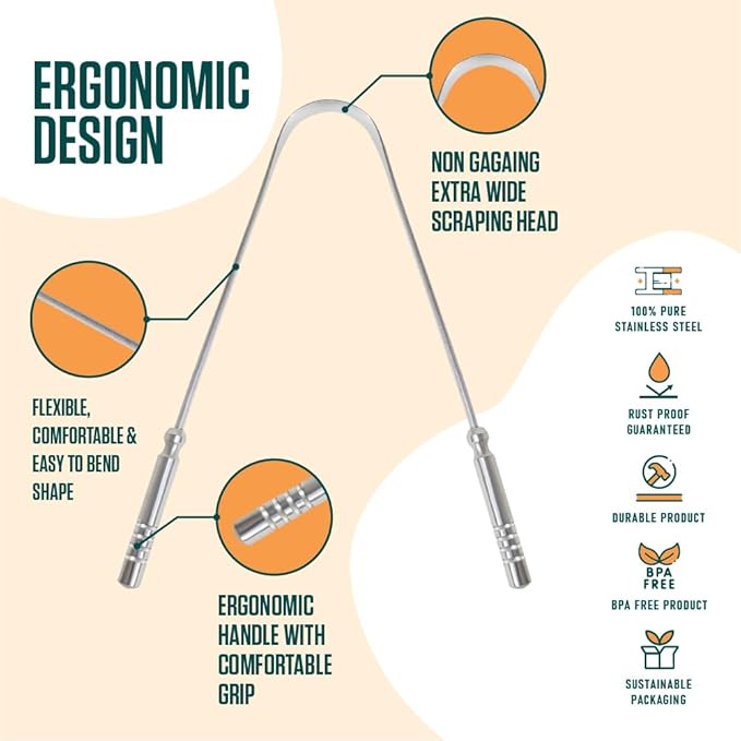 Dalip Tongue Scraper for Adults with Ergonomic Non-Slip Handle, Stainless Steel Tongue Cleaner, Reduces Bad Breath, Easy to Use Oral Care & Hygiene Tongue Scrubber (Pack of 2)