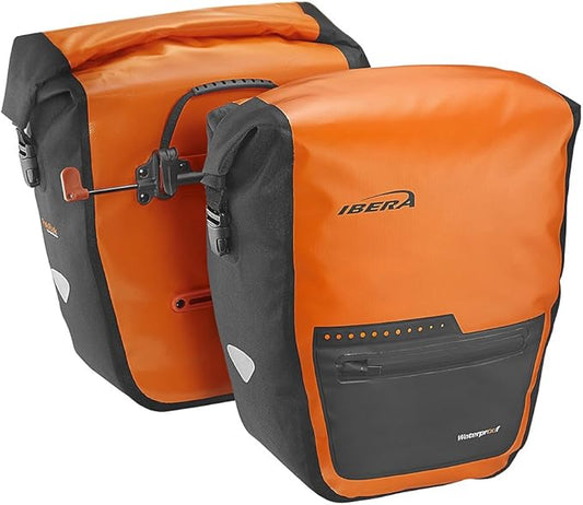 Ibera Panniers Bike Bags 30L (Pair) - Waterproof & with Quick Release/Clip-On System - Bike Saddle Bags For Rear Rack with Rain Cover & 19.8 lbs Capacity - Saddle Bag Bicycle Fits Most Racks (Orange)-StrideForce Fitness