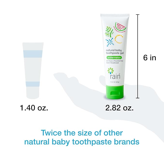 Baby Toothpaste 6 to 12 Months - Rain Fluoride Free Tooth Paste Gel for Infant Toddler Kids 0-6 Years and Up, Safe to Swallow, 2.8 Oz, Babies Training, Xylitol, Vitamin C, Vegan, SLS Free, Gluten Free