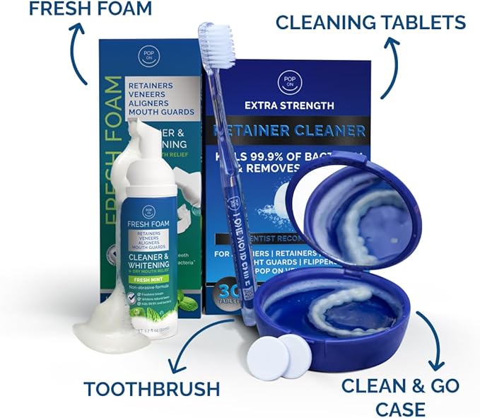 Retainer Cleaning Bundle by Pop On - 30 Retainer Cleaner Tablets, 1 Aligner Cleaner Fresh Foam, 1 Soft Bristle Toothbrush, 1 Mirror Case for Mouth Guards, Night Guards, Invisalign, Veneers, Dentures
