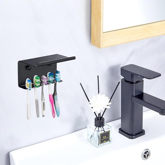 Wall Mounted Toothbrush Holder for Bathroom Shower, 5 Slots Aluminum Self-Adhesive Tooth Brush, Toothpaste Organizer Hanger Compatible with Colgate Extra Clean, Oral-B CrossAction, etc Black