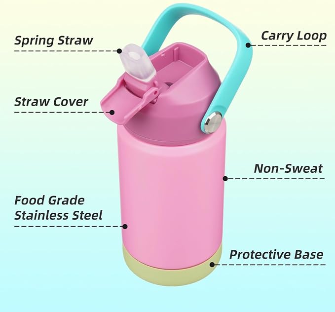 Insulated Water Bottle with Straw Lid,12 oz Stainless Steel Vacuum Metal Bottle with Silicone Handle,Rose Pink-StrideForce Fitness