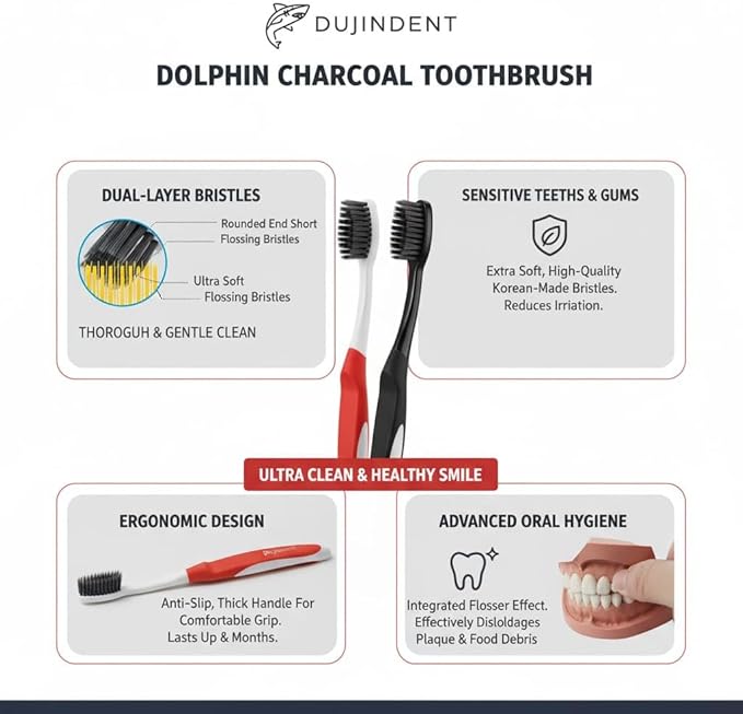 Dolphin Charcoal Toothbrush Extra Soft Bristle Manual Soft Long Flossing, Ultra Clean Toothbrush, Good for Sensitive Teeth and Gums (Black, Charcoal 4 Packs)