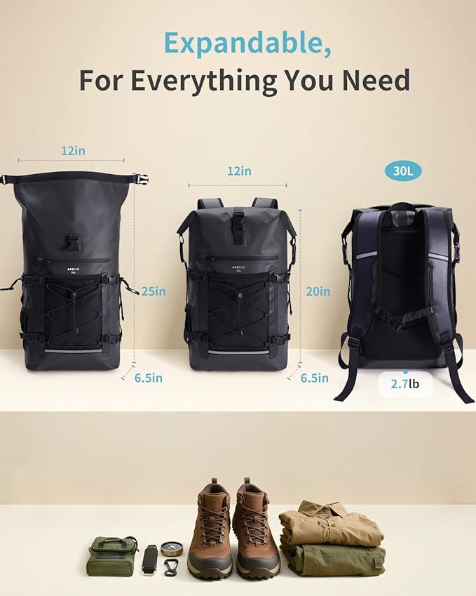 ECOHUB Waterproof Backpack for Women Men, 30L Roll-Top Closure Heavy Duty Dry Bag for Travel with IPX8 Waterproof Phone Case-StrideForce Fitness