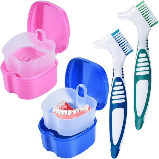 2 Pack Denture Bath Case Cup Box Holder Storage Container with Denture Cleaner Brush Strainer Basket for Travel Cleaning (Blue and Pink)