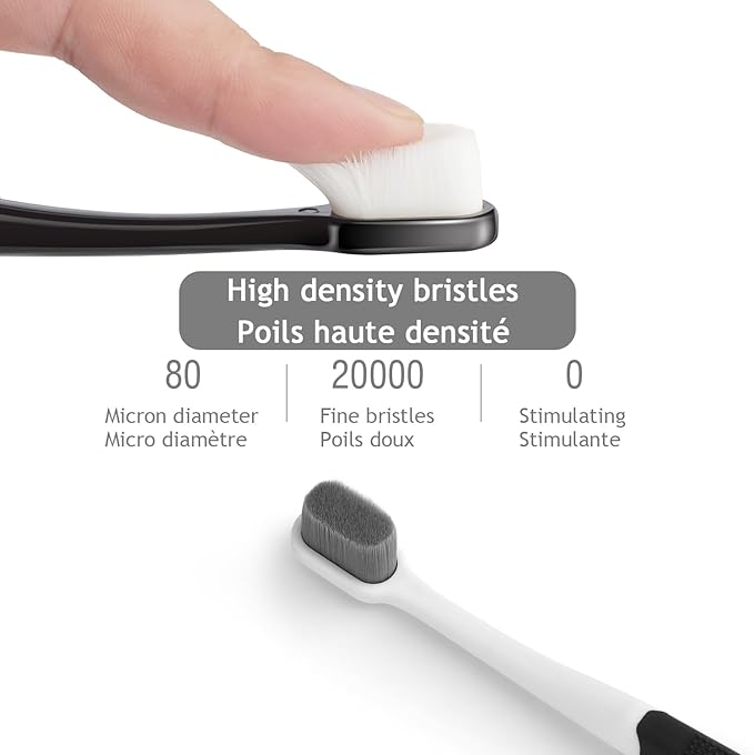 Ultra Extra Soft Toothbrush for Sensitive Gums, New Japanese 20,000 Micro Fine Nano Bristles Brush for Adults, Pregnant and Elderly, Portable Case for Travel, Black and White Color Pack of 2