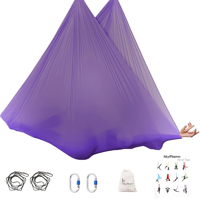 5.5 Yards Aerial Silks Yoga Swing Set - Aerial Yoga Hammock Kit Anti-Gravity Flying for Fitness, Low/Non Stretch Nylon Tricot Fabric Hardware Included for Dance-StrideForce Fitness