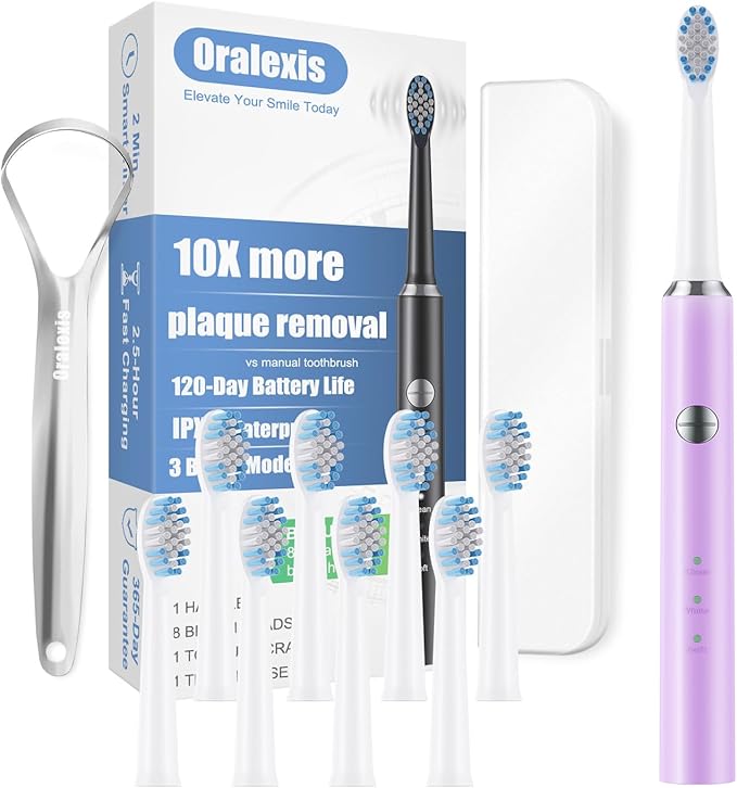 Electric Toothbrush for Adults and Kids, with 8 Brush Heads and Tongue Scraper, 2 Minute Smart Timer, One Fast Charge Last 120 Days, 40000 VPM Deep Clean, Sonic Travel Toothbrush - Purple