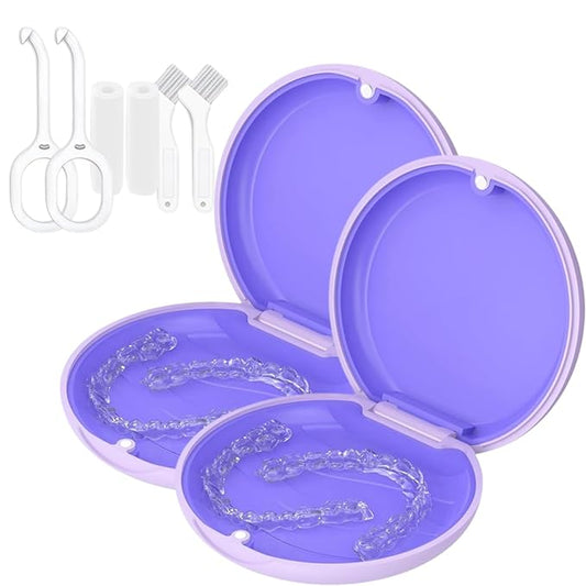 2 Retainer Case, Slim Aligner Cases for Invisalign, Mouthguard Case with Removal Tools& Aligners Chewies& Brush, Removable Inner Tray Silicone for Easy Cleaning (Purple-2pcs)