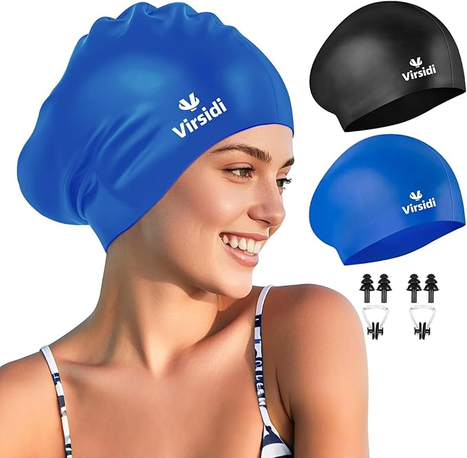 2 Pack Large Swim Caps for Long Hair, Silicone Swimming Cap for Adult Women Men, Waterproof Swim Hats Bathing Caps to Keep Hair Dry with Bonus Nose Clip and Earplugs-StrideForce Fitness