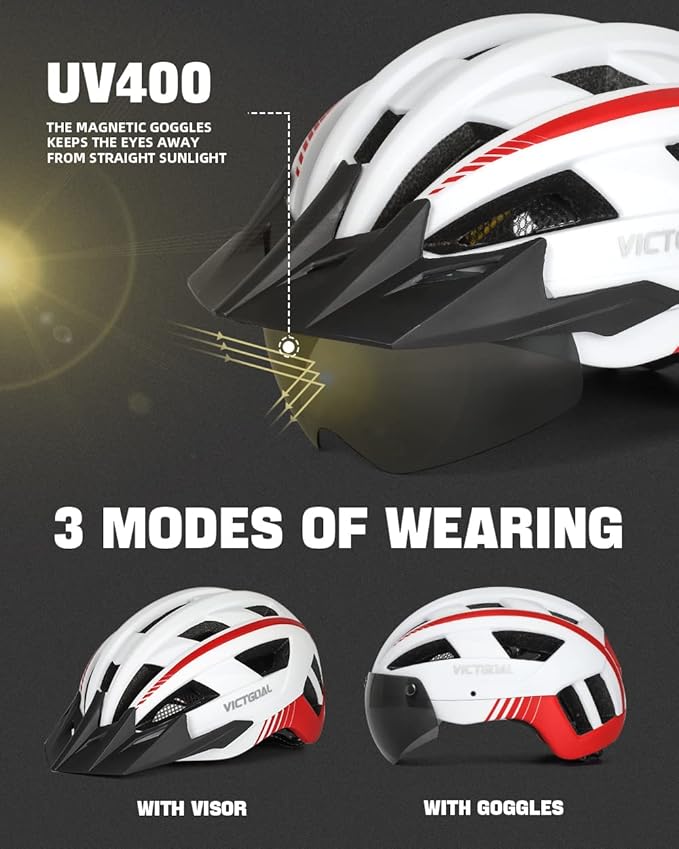 VICTGOAL Bike Helmet for Men Women with Led Light Detachable Magnetic Goggles Removable Sun Visor Mountain & Road Bicycle Helmets Adjustable Size Adult Cycling Helmets-StrideForce Fitness