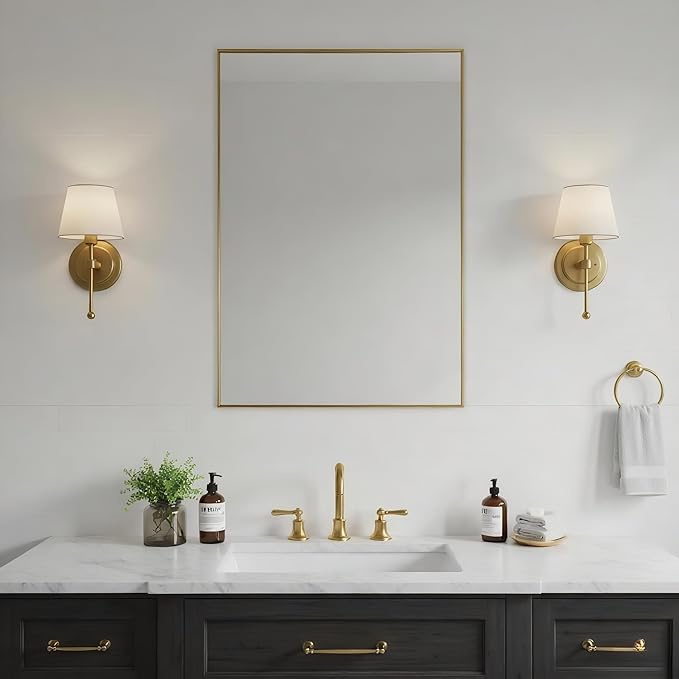 24x36 Inch Brass Bathroom Mirror for Wall, Aluminum Frame Rectangle Rectangular Vanity Mirror, Modern Large for Bedroom, Living Room, Horizontal or Vertical-StrideForce Fitness