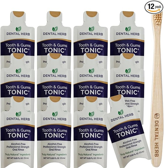 Tonic Traveler Mouthwash Minis (12 Pack) + Bamboo Toothbrush – Natural Alcohol-Free Mouthwash for Gum Health & Bad Breath – Dental Herb Company