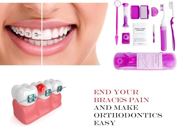 Wenge Portable Orthodontic Oral Care Kit - 2Pack - Travel Kit for Patients, Interdental Brushing Wax Floss Toothbrush Cleaning (Pink_Blue)