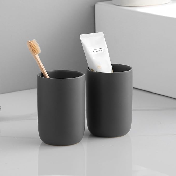 Toothbrush Holders for Bathrooms - 1 Cups Ceramic Toothbrush Toothpaste Holders, Grey Bathroom Tumbler Cups Reusable Toothbrush Mouthwash Cup, Bathroom Counter Organizer.