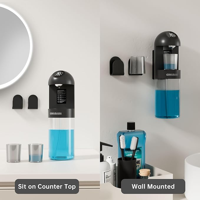 Upgraded Automatic Mouthwash Dispenser with 4 Dispensing Levels for Bathroom-GIMUBABA Smart Mouth Wash Dispenser Sets with 20.3 FL Oz Container,2 Cups & Wall Mount Accessories for Kids & Family(black)