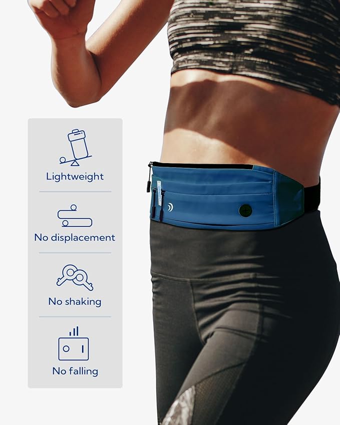 WATERFLY Running Belt Fanny Pack: Runner Marathon Jogging Waist Pack Sport Workout Exercise Fitness Phone Holder Belt for Men Women Jogger Slim Waistband Dark Blue-StrideForce Fitness