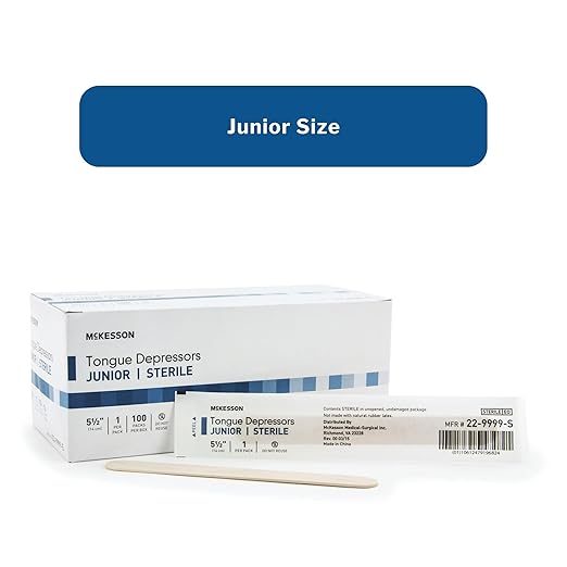 McKesson Tongue Depressors [100 Count] Junior Size, Sterile, Individually Wrapped, Wood, Unflavored, Splinter-Free, 5.5 in – Use for Medical, Arts, Crafts, Spa