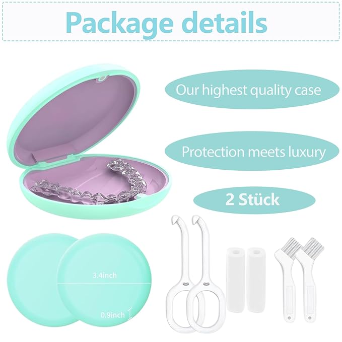 2 Retainer Case, Slim Aligner Cases for Invisalign, Mouthguard Case with Removal Tools& Aligners Chewies& Brush, Removable Inner Tray Silicone for Easy Cleaning (Green-2pcs)